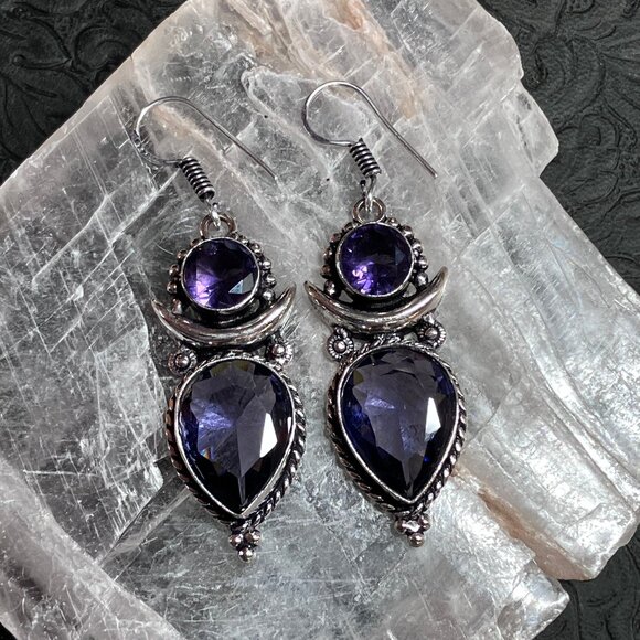 Faceted Purple Amethyst Gemstone Sun and Lunar Crescent Moon Earrings (66 10628) - Picture 1 of 9